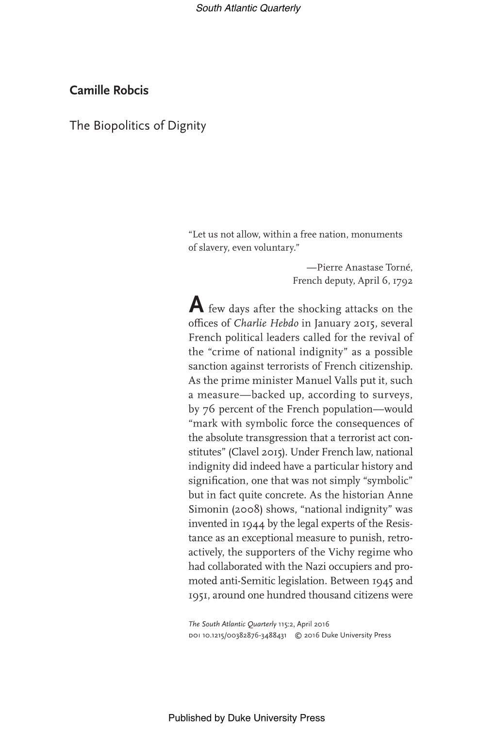 Camille Robcis the Biopolitics of Dignity