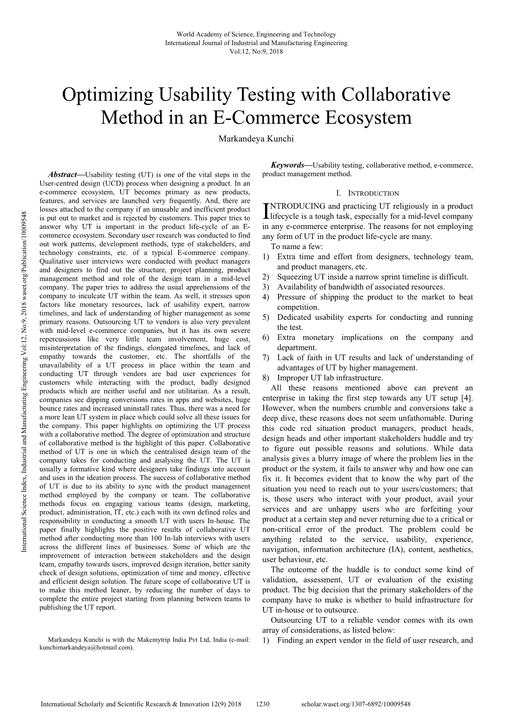 Optimizing Usability Testing with Collaborative Method in an E-Commerce Ecosystem Markandeya Kunchi