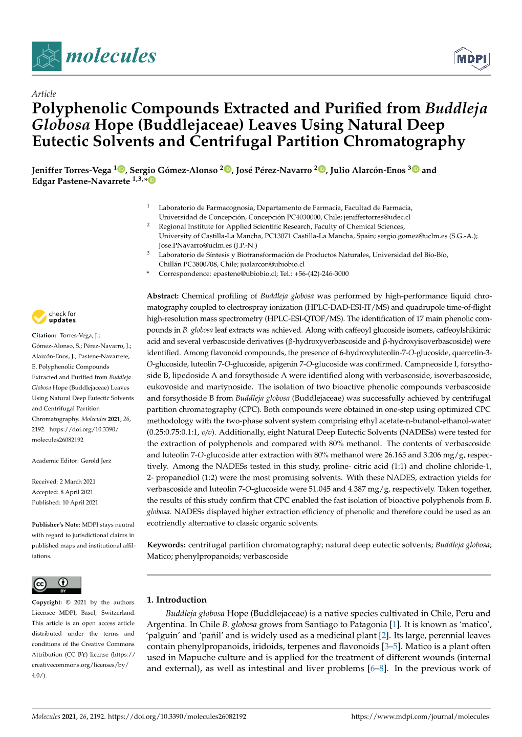 Polyphenolic Compounds Extracted and Purified from Buddleja Globosa