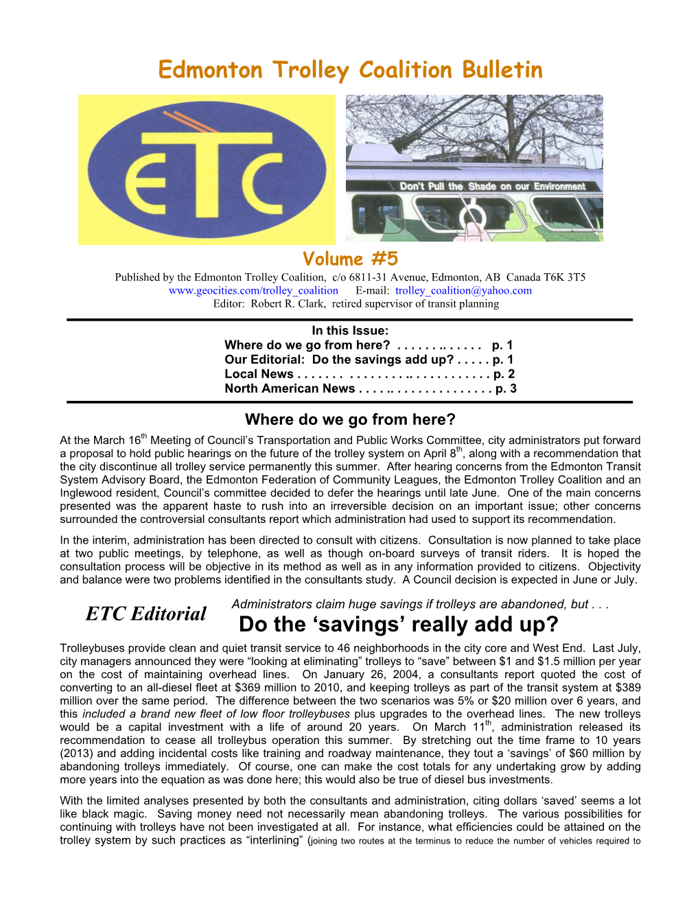 Edmonton Trolley Coalition Bulletin