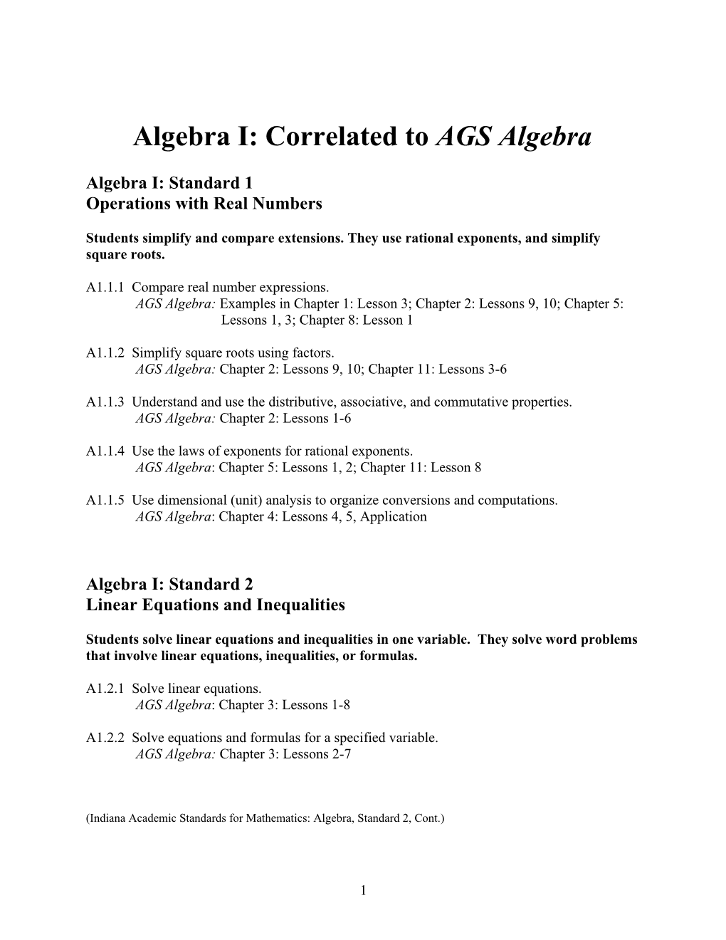 Algebra I: Correlated to AGS Algebra