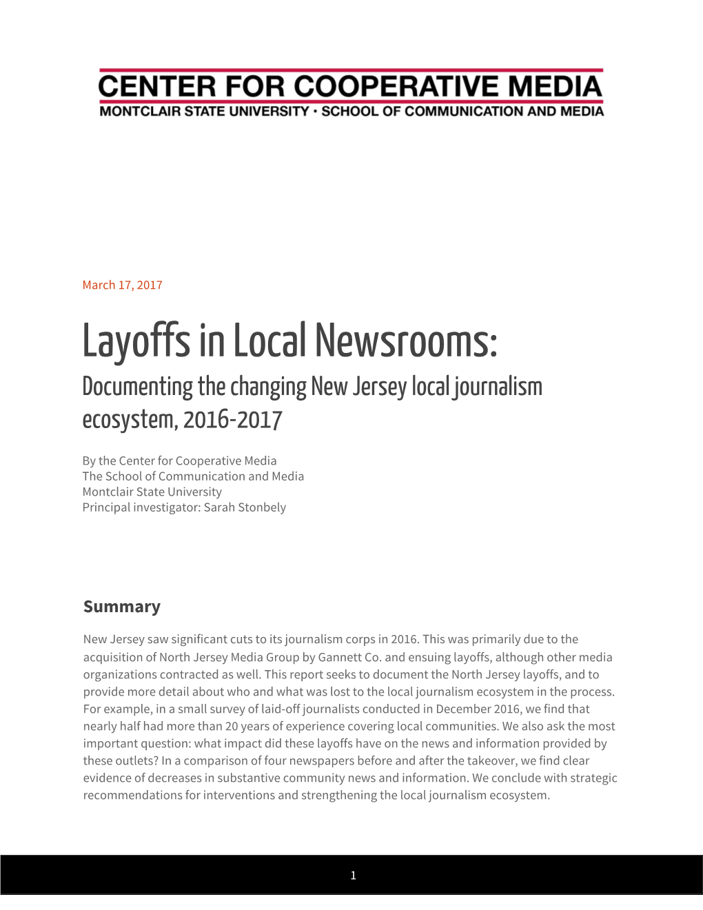 Layoffs in Local Newsrooms: Documenting the Changing New Jersey Local Journalism Ecosystem, 2016-2017