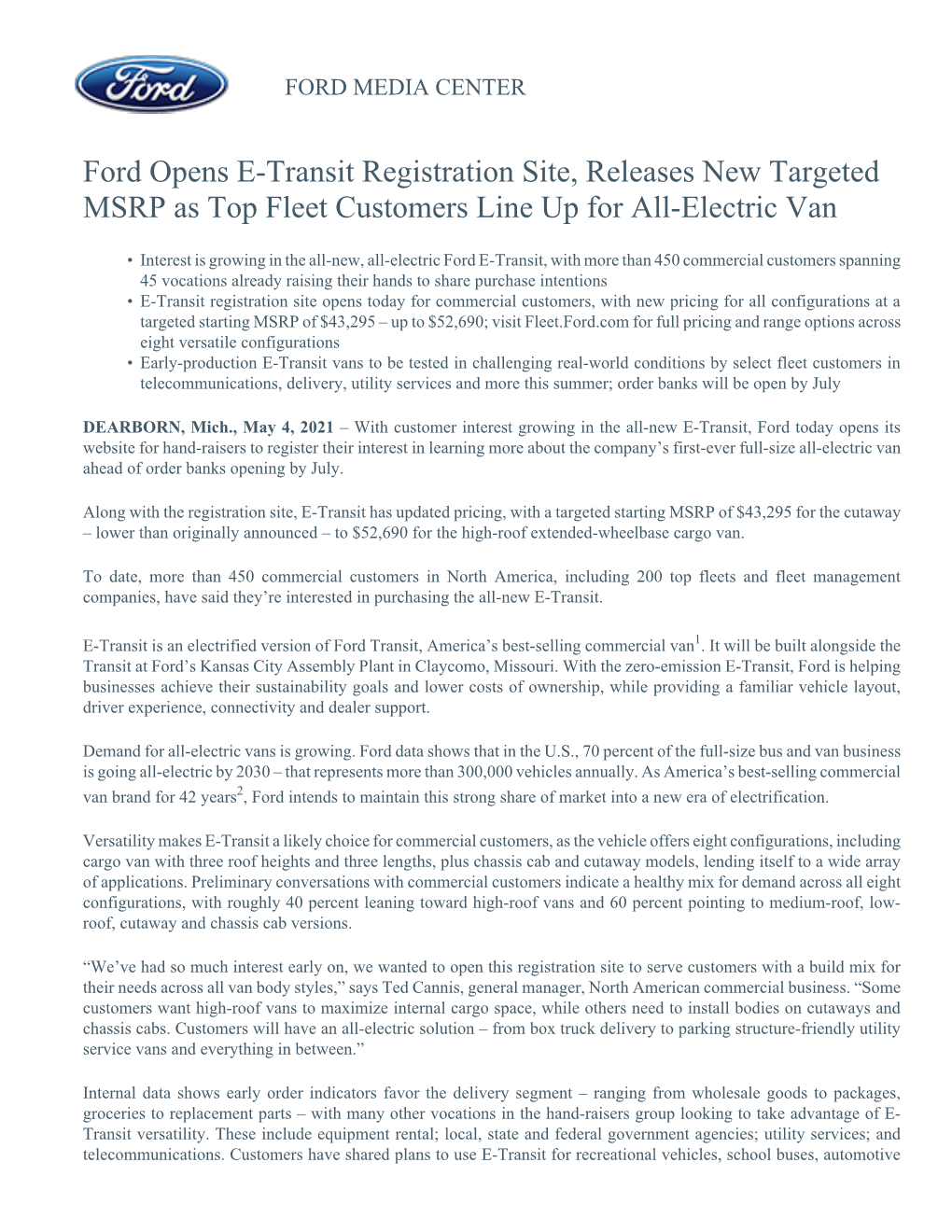Ford Fleet 2022 E-Transit News