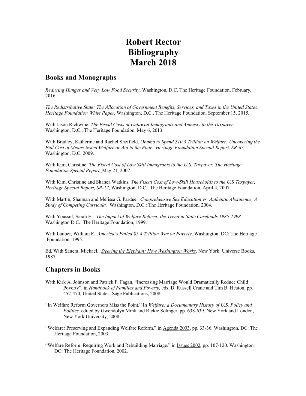 Robert Rector Bibliography March 2018