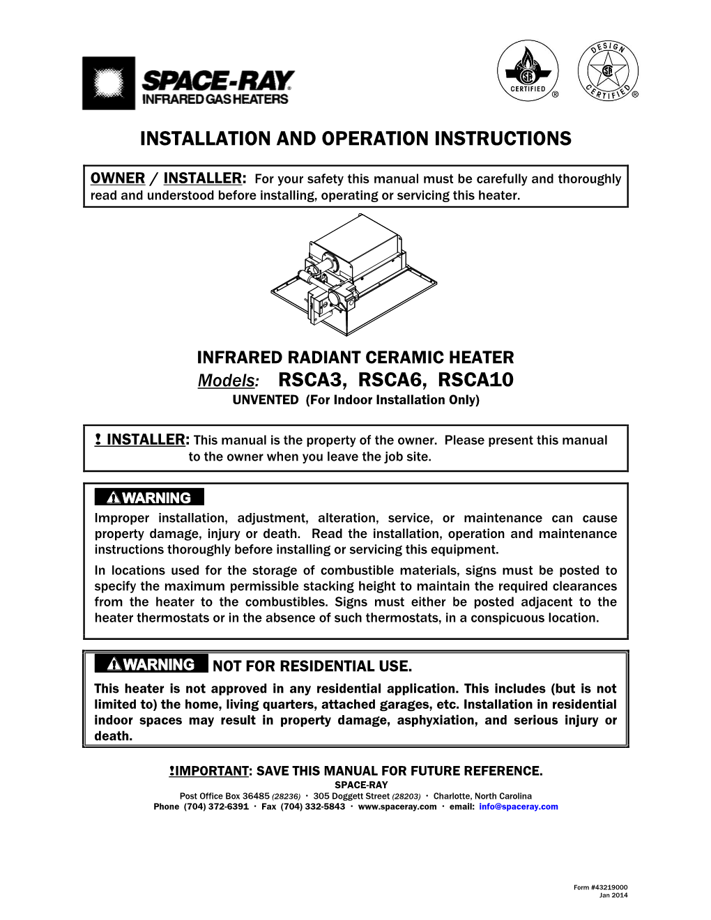 RSCA3, RSCA6, RSCA10 UNVENTED (For Indoor Installation Only)