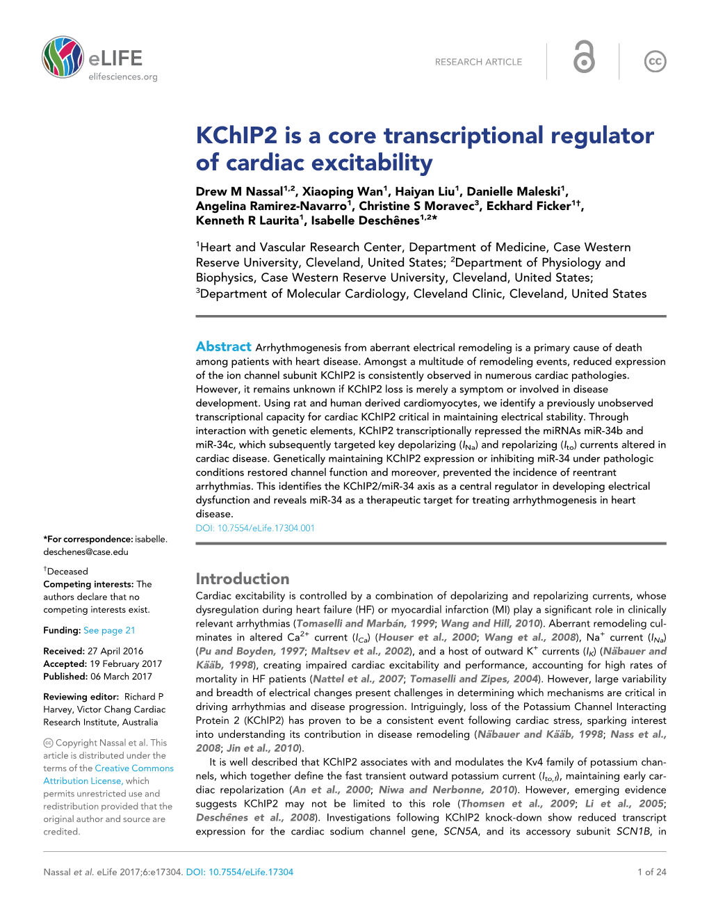 Kchip2 Is a Core Transcriptional Regulator of Cardiac Excitability