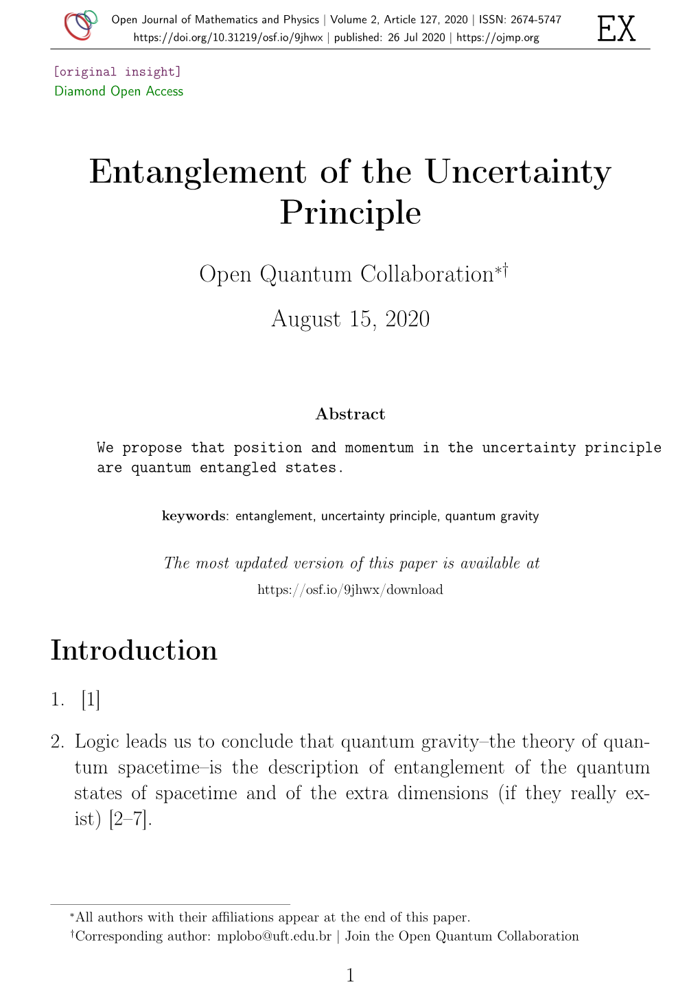 Entanglement of the Uncertainty Principle