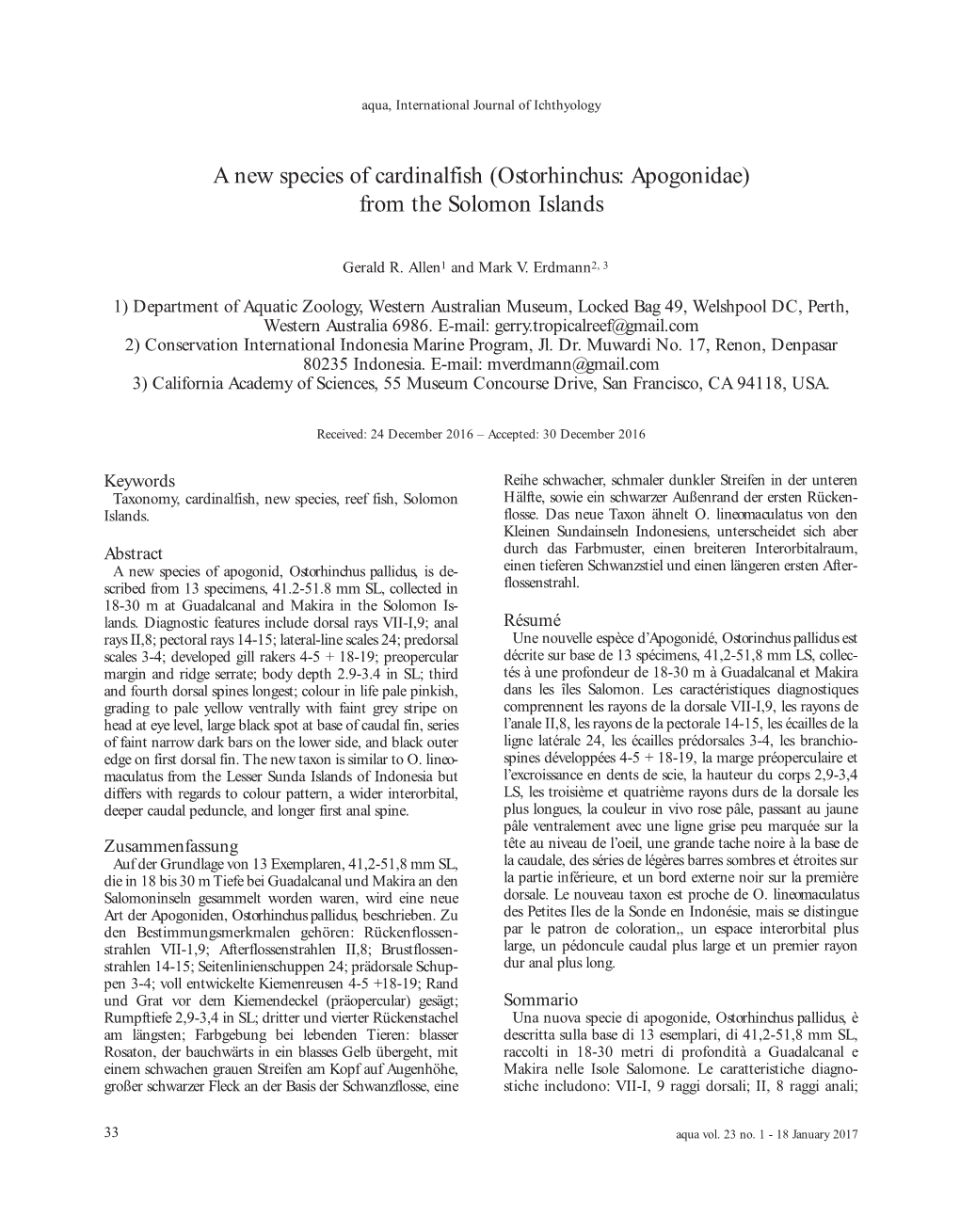 Ostorhinchus: Apogonidae) from the Solomon Islands