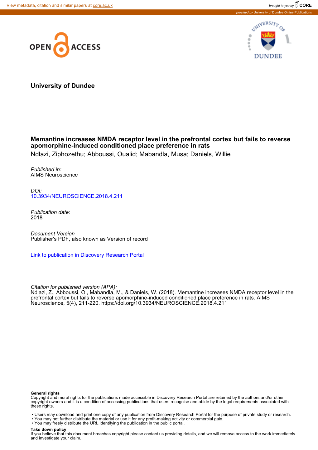 Memantine Increases NMDA Receptor Level in the Prefrontal Cortex