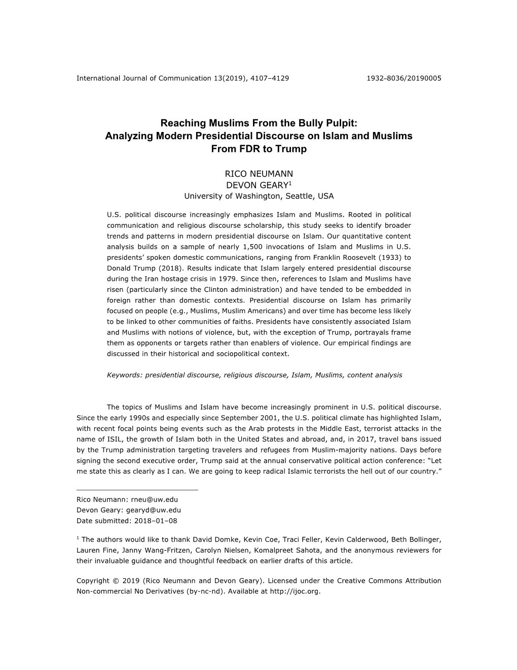 Reaching Muslims from the Bully Pulpit: Analyzing Modern Presidential Discourse on Islam and Muslims from FDR to Trump