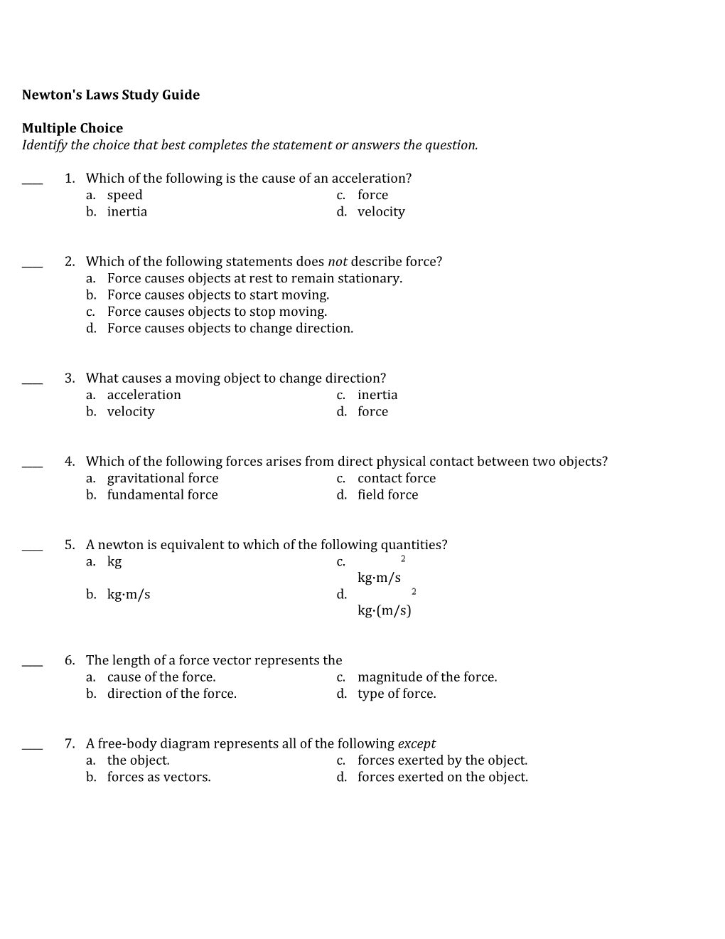 Newton's Laws Study Guide