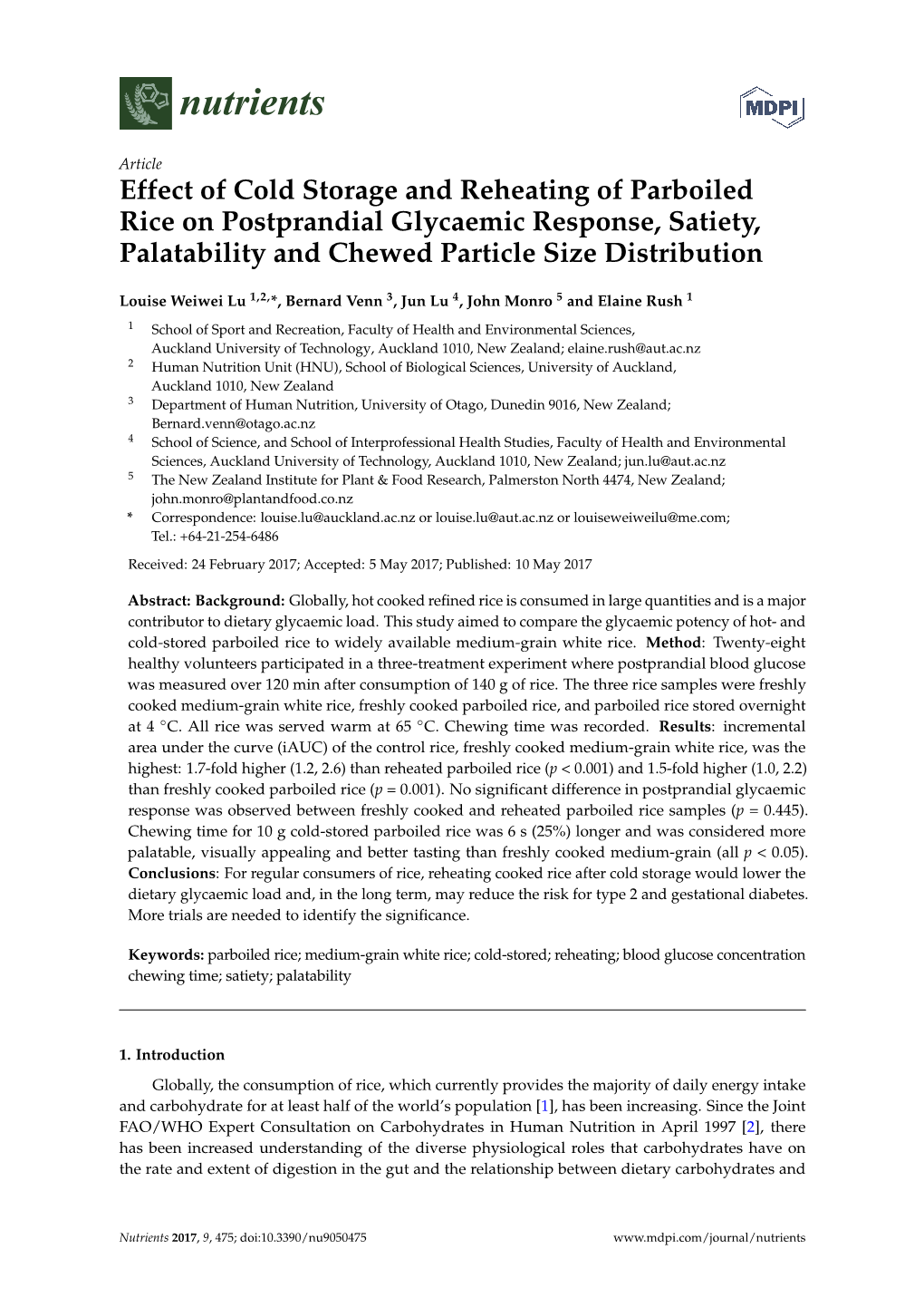 Effect of Cold Storage and Reheating of Parboiled Rice on Postprandial Glycaemic Response, Satiety, Palatability and Chewed Particle Size Distribution