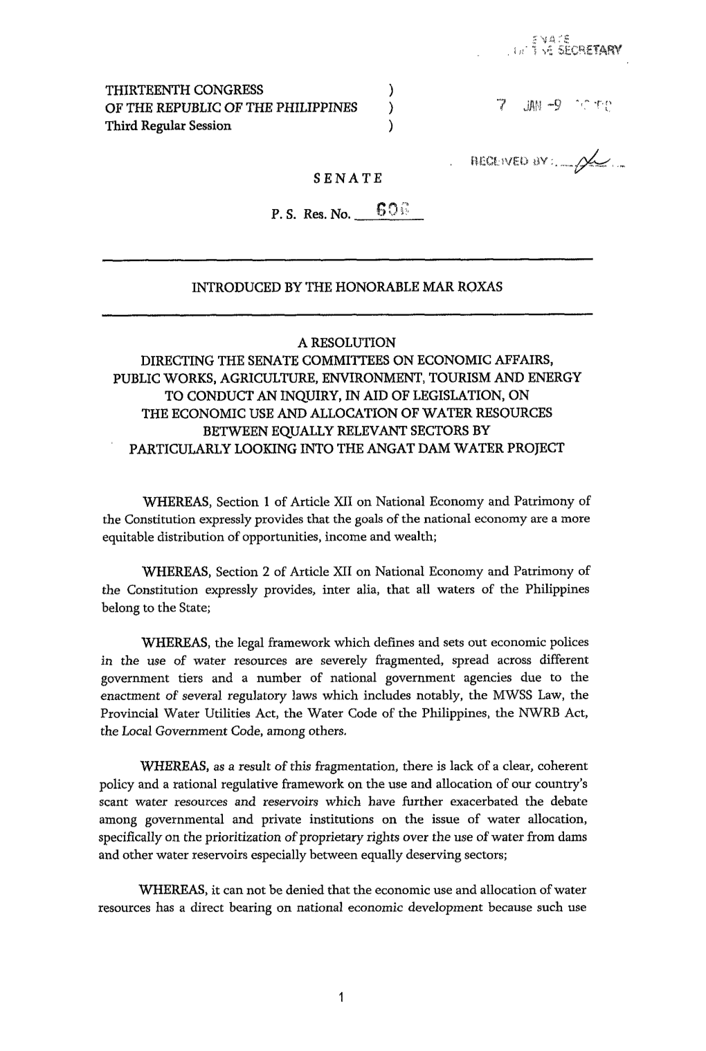 THIRTEENTH CONGRESS Third Regular Session ) of the REPUBLIC of the PHILIPPINES ) SENATE P. S. Res. No. INTRODUCED by the HONORAB