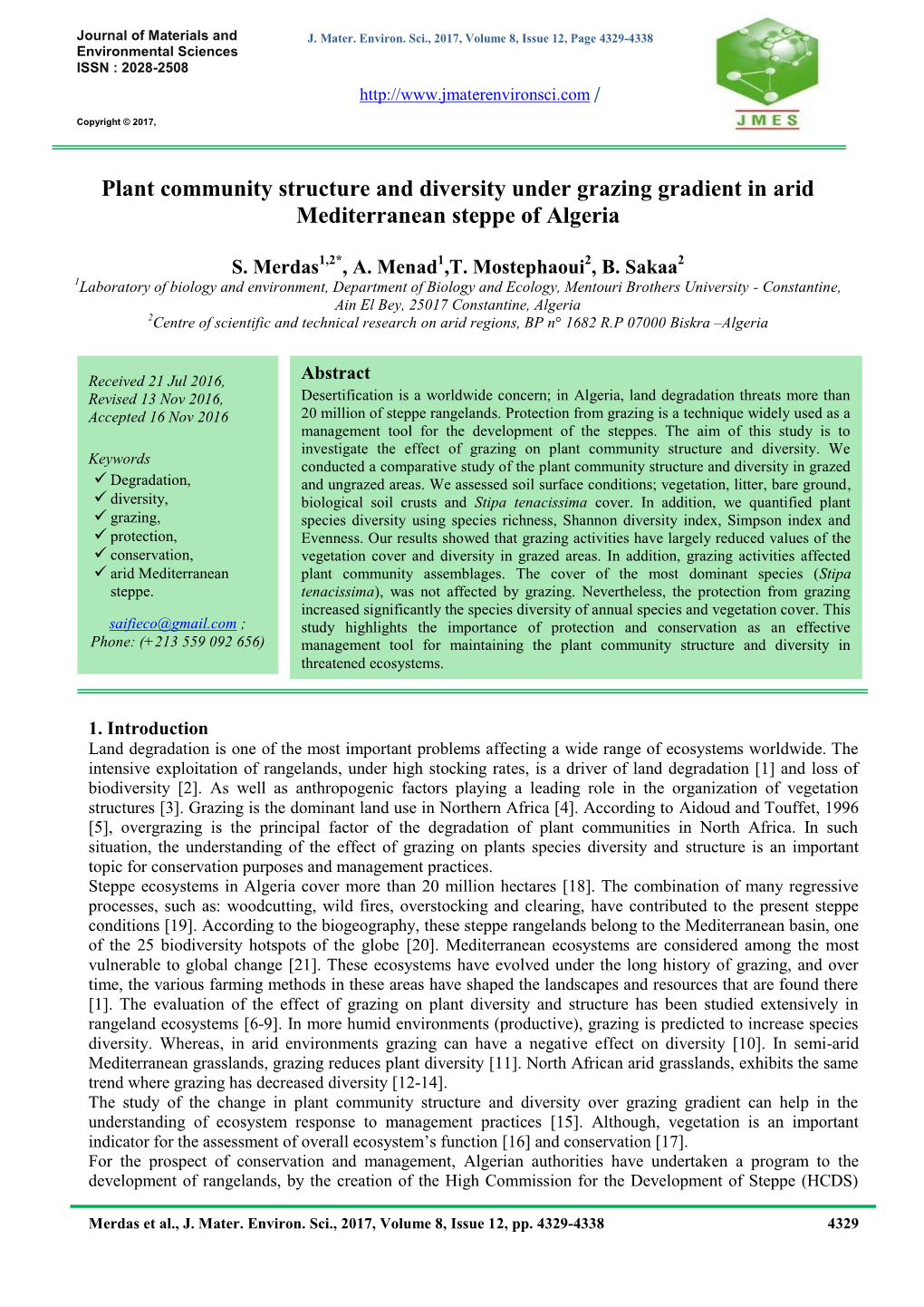 Plant Community Structure and Diversity Under Grazing Gradient in Arid Mediterranean Steppe of Algeria