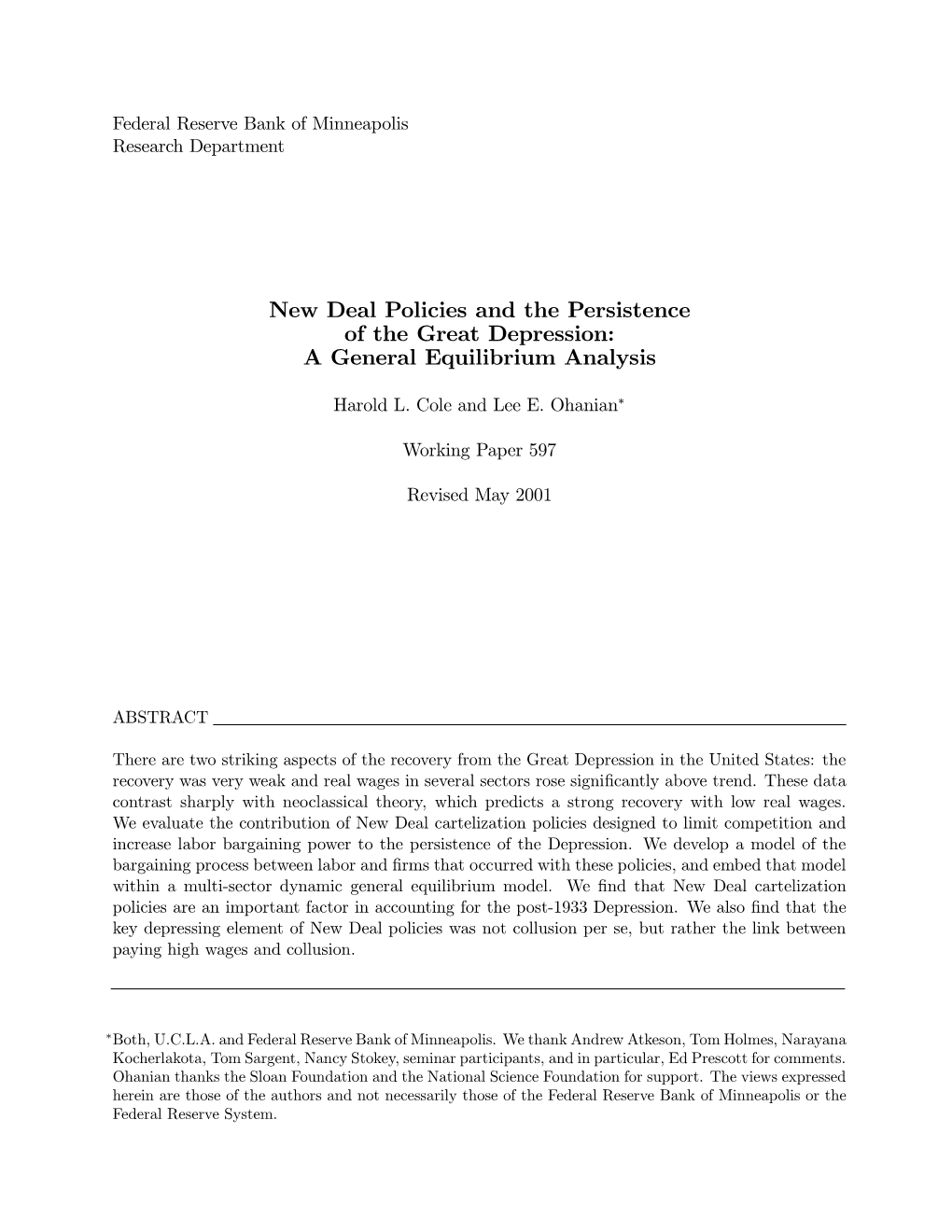 New Deal Policies and the Persistence of the Great Depression: a General Equilibrium Analysis