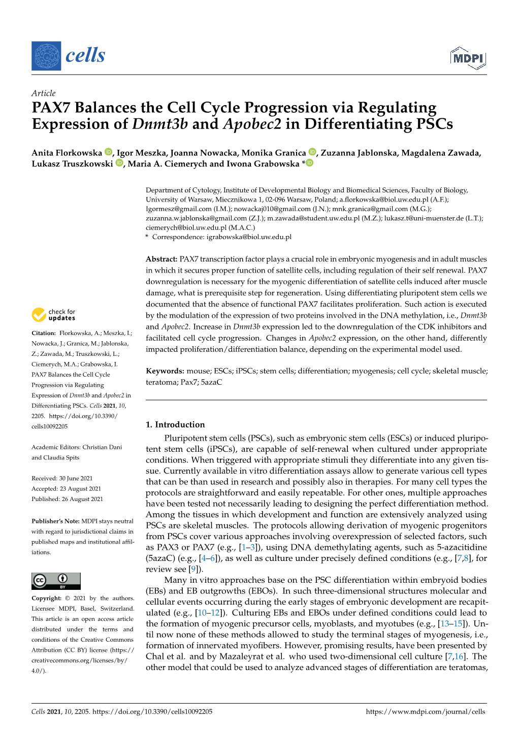 PAX7 Balances the Cell Cycle Progression Via Regulating Expression of Dnmt3b and Apobec2 in Differentiating Pscs