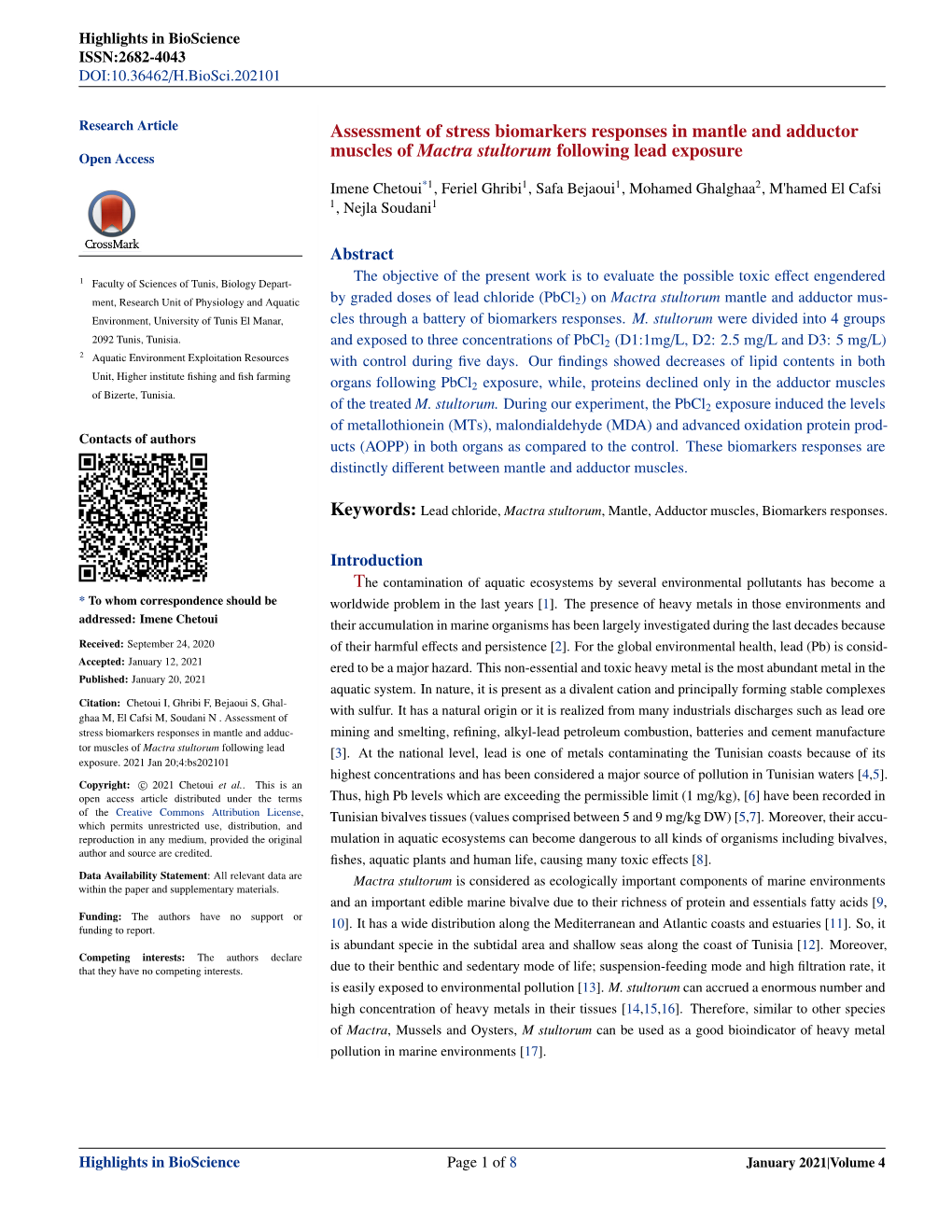 Assessment of Stress Biomarkers Responses in Mantle and Adductor