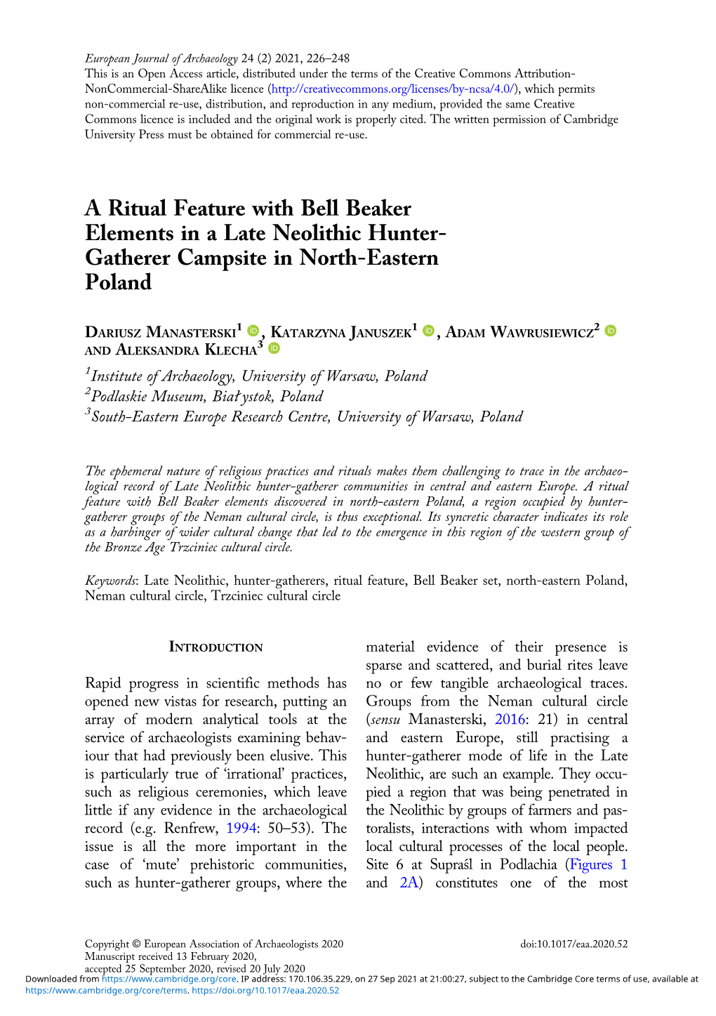 A Ritual Feature with Bell Beaker Elements in a Late Neolithic Hunter- Gatherer Campsite in North-Eastern Poland