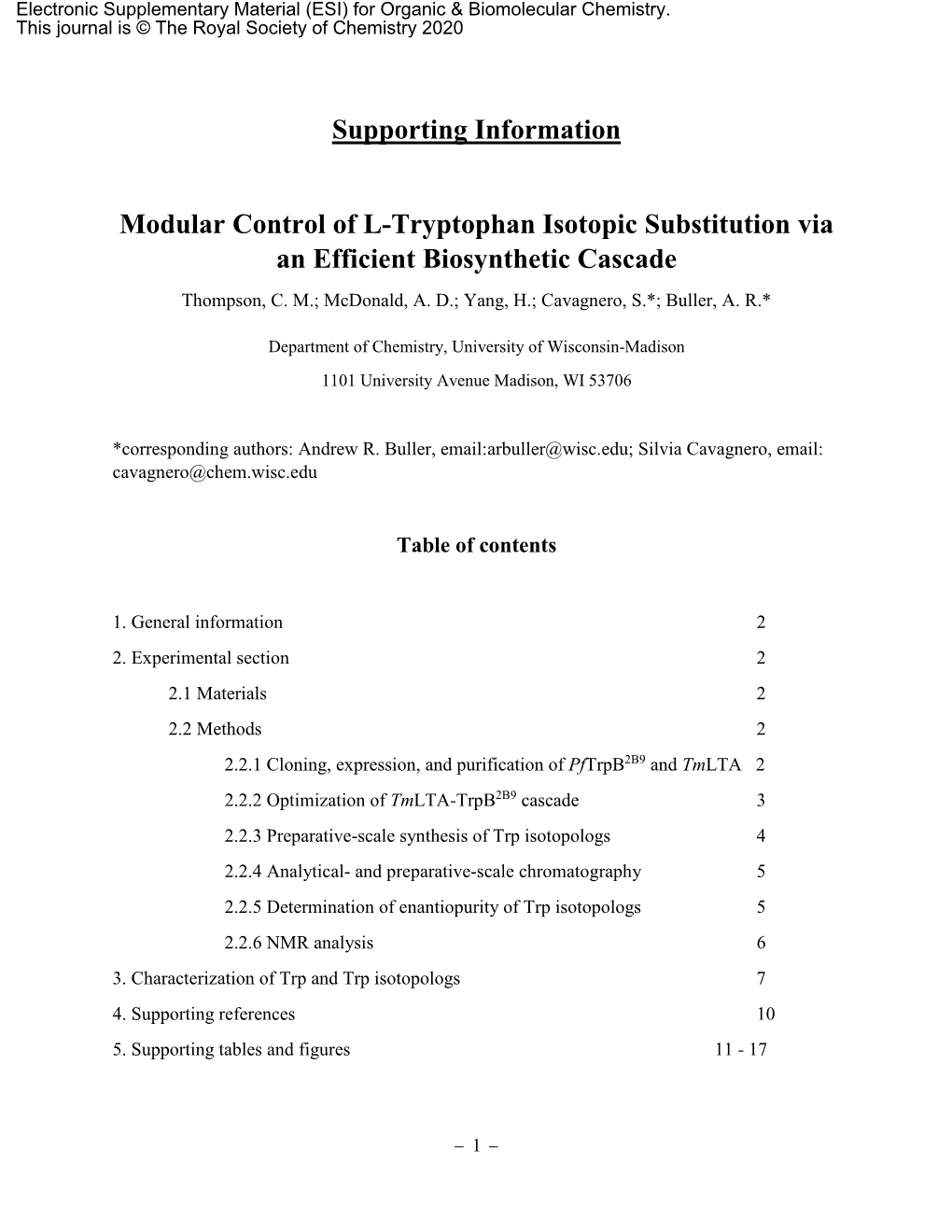 Supporting Information Modular Control of L-Tryptophan Isotopic Substitution Via an Efficient Biosynthetic Cascade