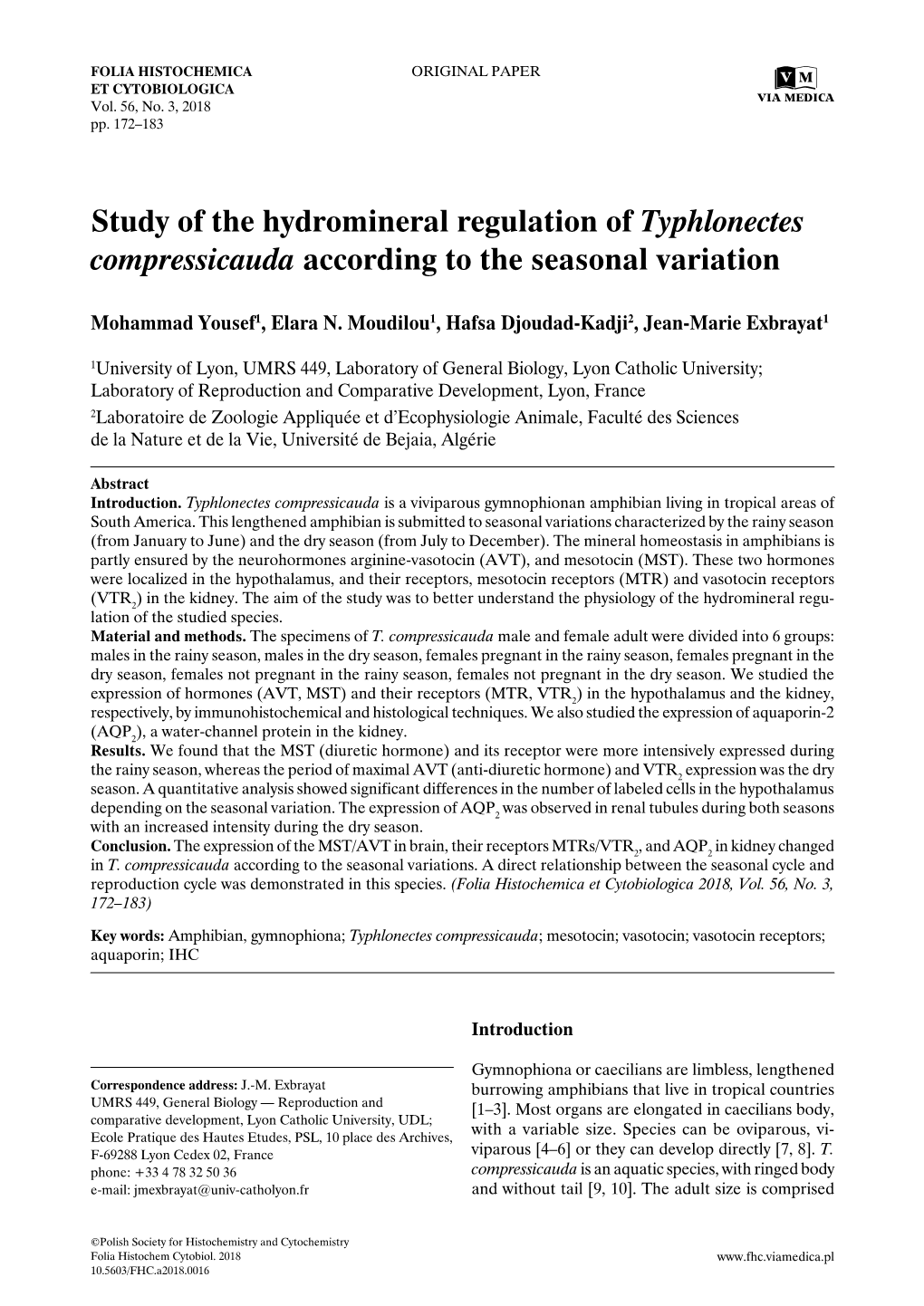 Study of the Hydromineral Regulation of Typhlonectes Compressicauda According to the Seasonal Variation