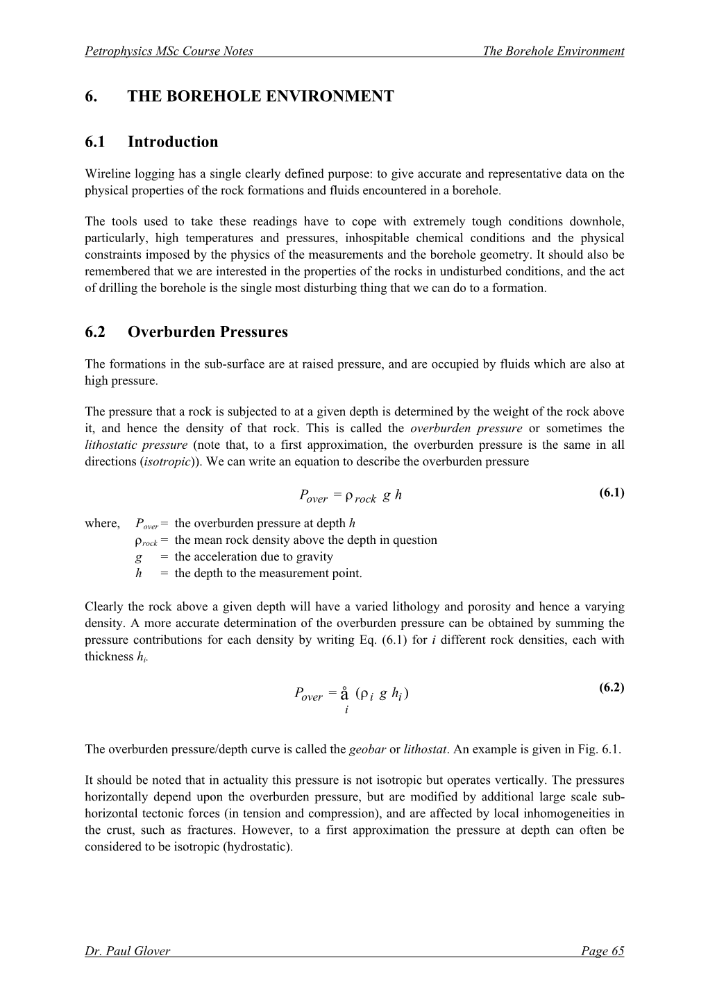 6. the BOREHOLE ENVIRONMENT 6.1 Introduction 6.2 Overburden