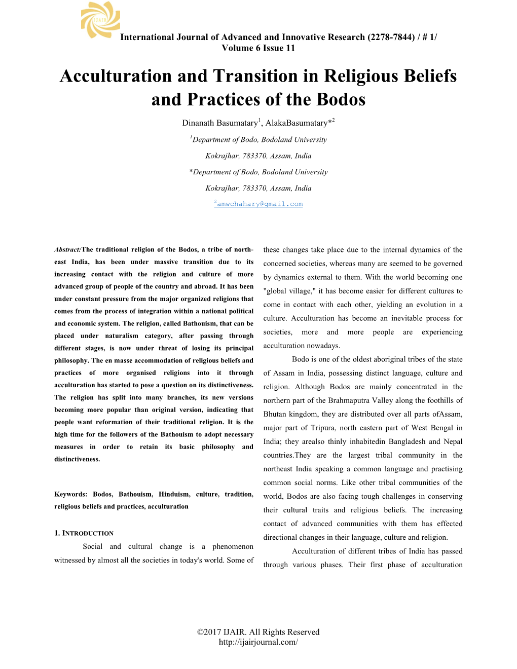 Acculturation and Transition in Religious Beliefs and Practices of the Bodos