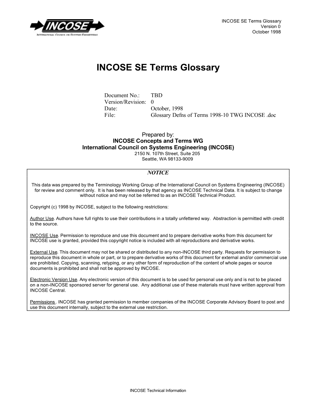 Glossary Defns of Terms 1998-10 TWG INCOSE .Doc