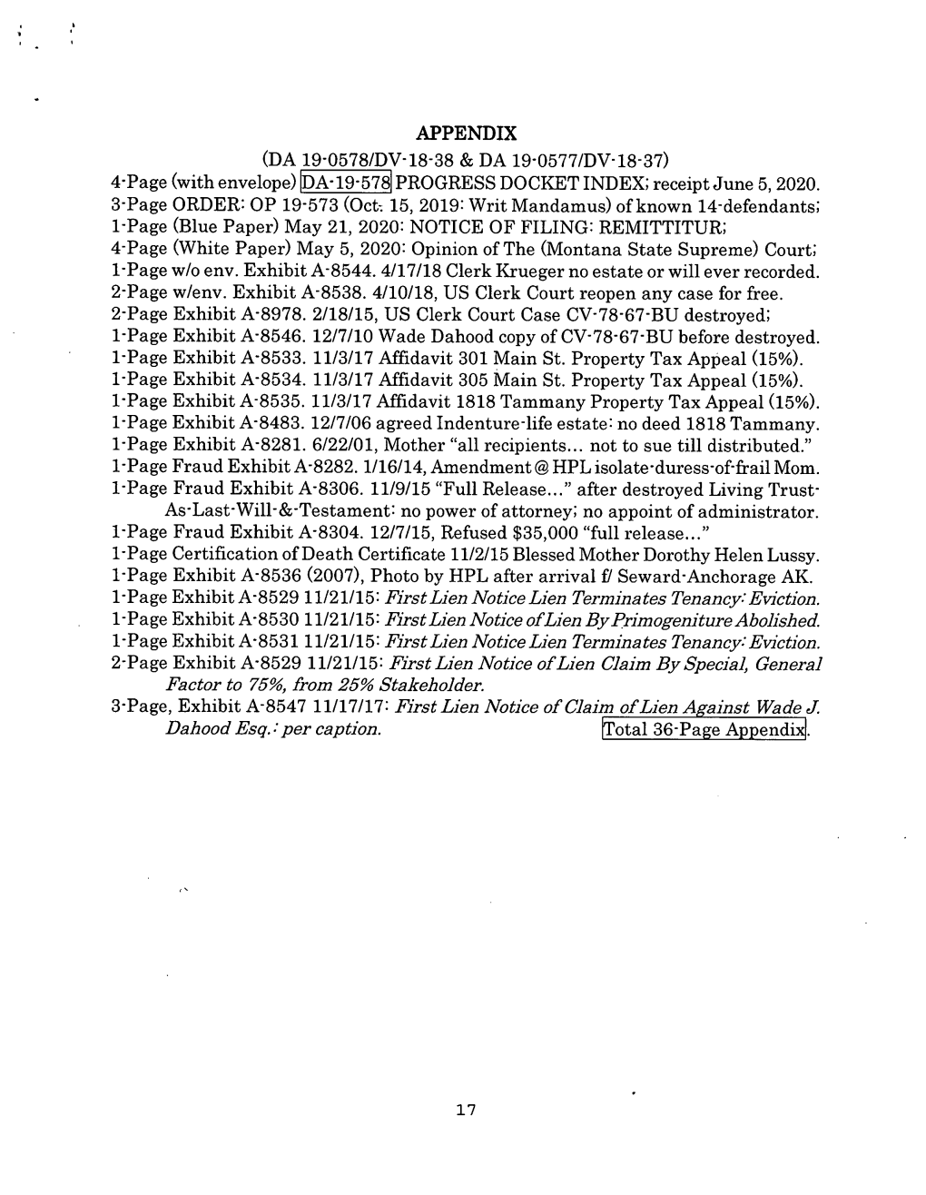 APPENDIX (DA 19-0578/DV-18-38 & DA 19-0577/DV-18-37) 4-Page (With Envelope) [DA-19-578) PROGRESS DOCKET INDEX; Receipt June 5, 2020