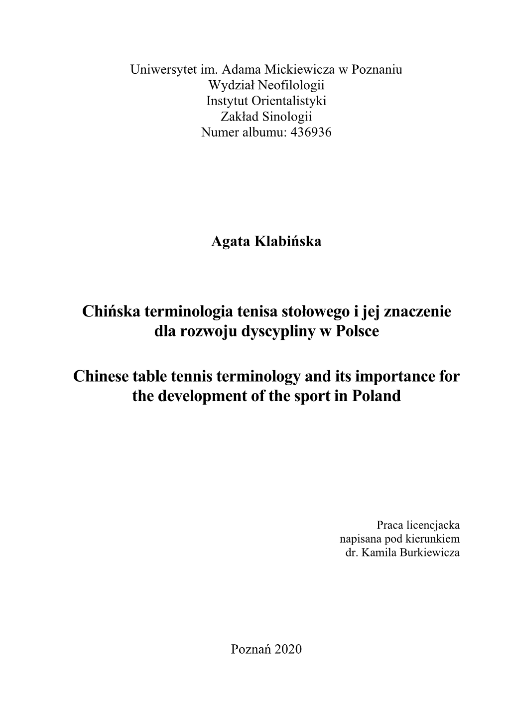 Chińska Terminologia Tenisa Stołowego I Jej Znaczenie Dla Rozwoju Dyscypliny W Polsce