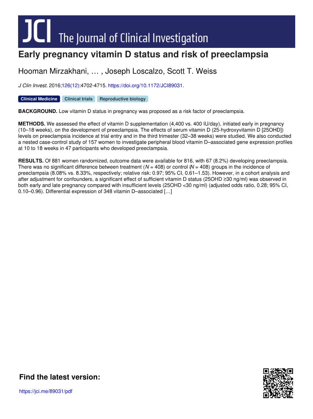 Early Pregnancy Vitamin D Status and Risk of Preeclampsia