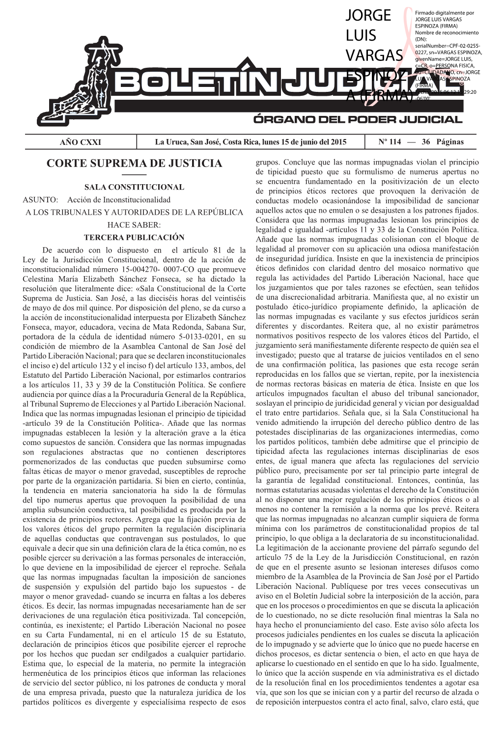 BOLETÍN JUDICFIAL N° 114 De La Fecha 13 06 2015