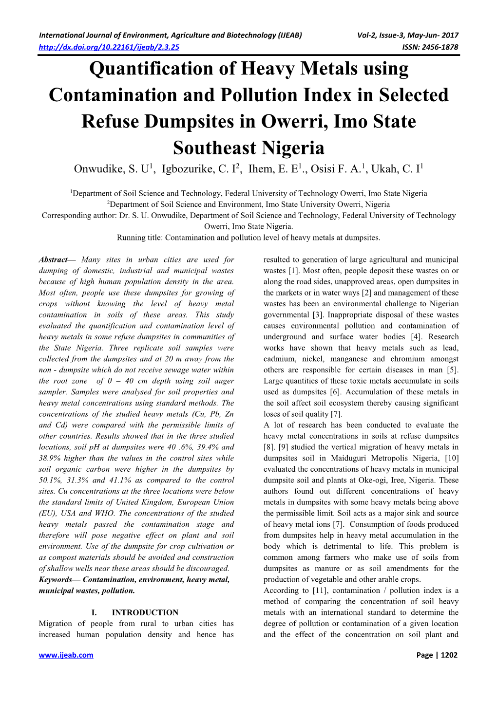 Quantification of Heavy Metals Using Contamination and Pollution Index in Selected Refuse Dumpsites in Owerri, Imo State Southeast Nigeria Onwudike, S