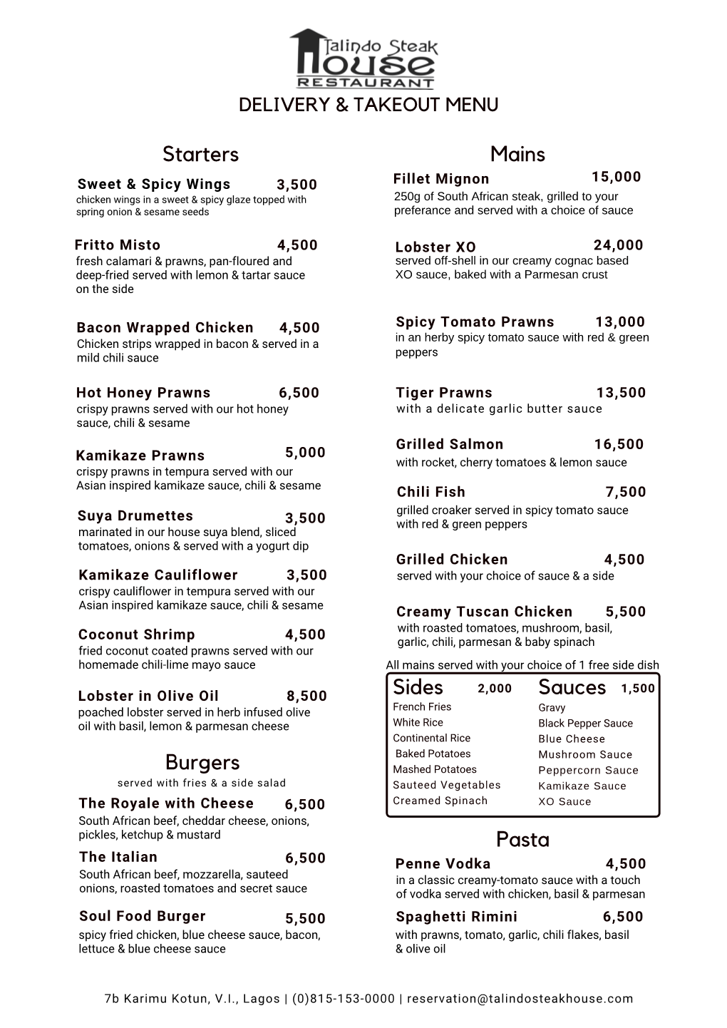 Talindo Delivery Menu