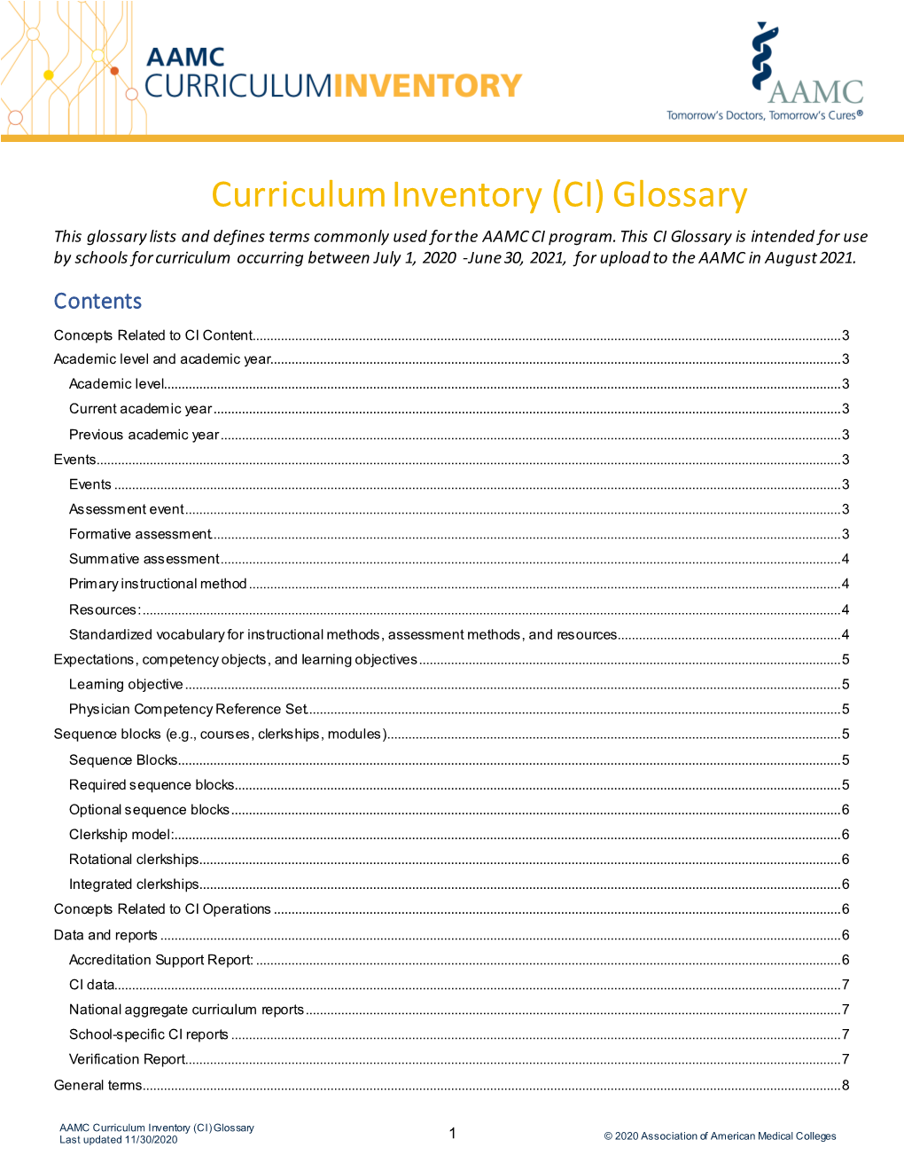 Curriculum Inventory (CI) Glossary Last Updated 11/30/2020 1 © 2020 Association of American Medical Colleges