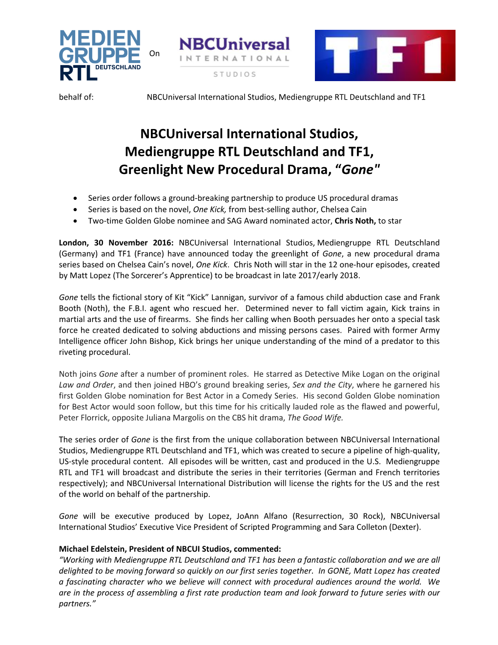 Nbcuniversal International Studios, Mediengruppe RTL Deutschland and TF1, Greenlight New Procedural Drama, “Gone