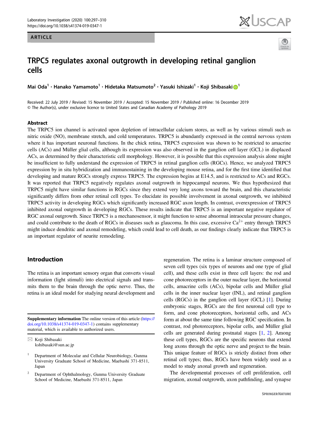 TRPC5 Regulates Axonal Outgrowth in Developing Retinal Ganglion Cells