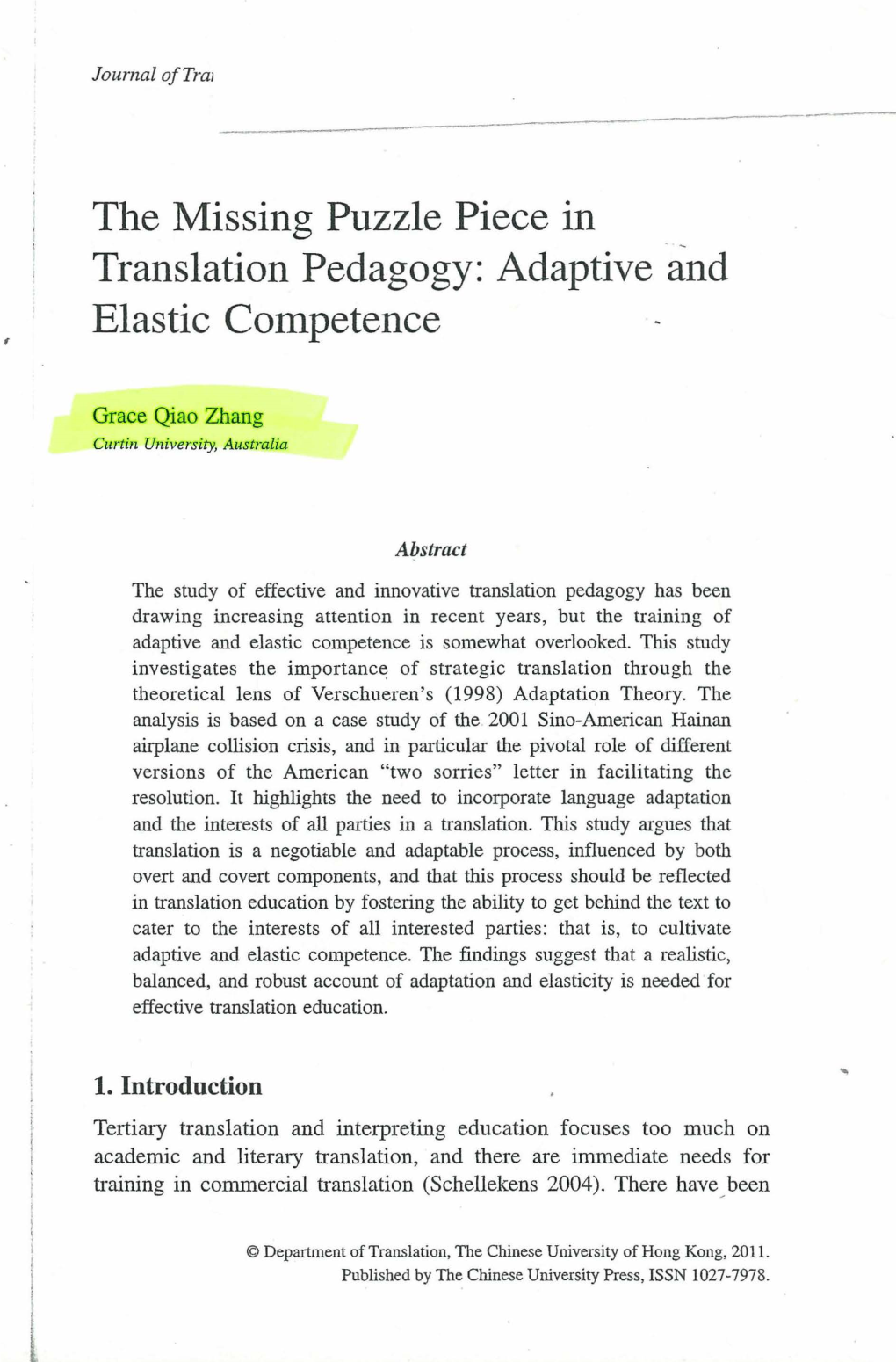 The Missing Puzzle Piece in Translation Pedagogy: Adaptive and Elastic Competence