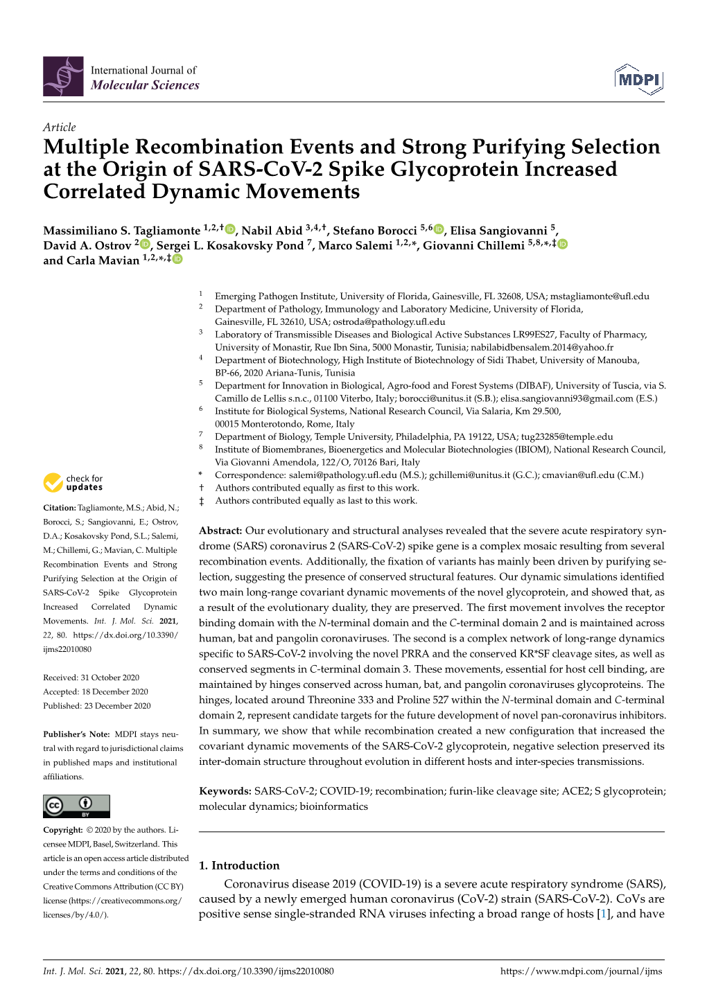 Multiple Recombination Events and Strong Purifying Selection at the Origin of SARS-Cov-2 Spike Glycoprotein Increased Correlated Dynamic Movements