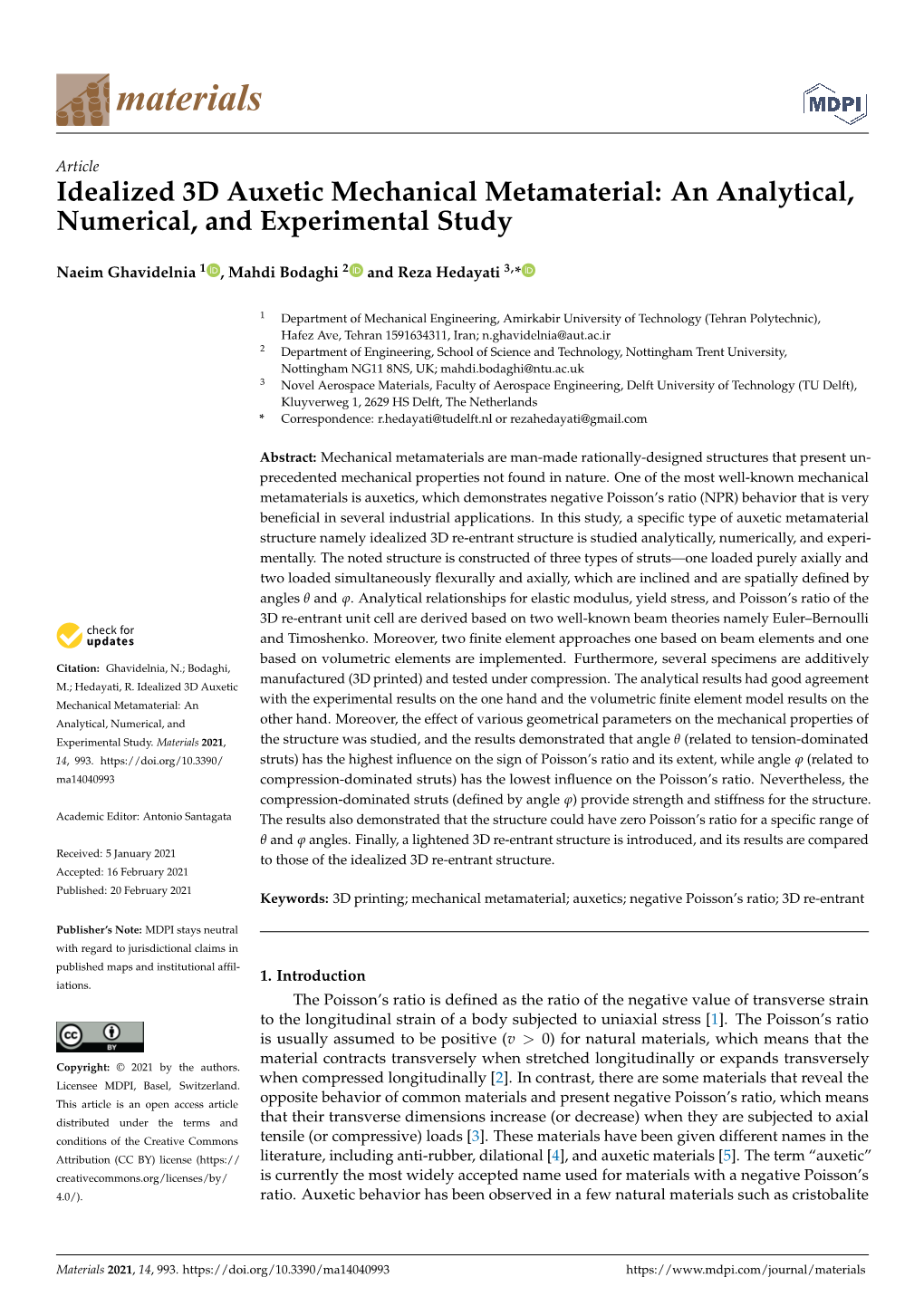 Idealized 3D Auxetic Mechanical Metamaterial: an Analytical, Numerical, and Experimental Study