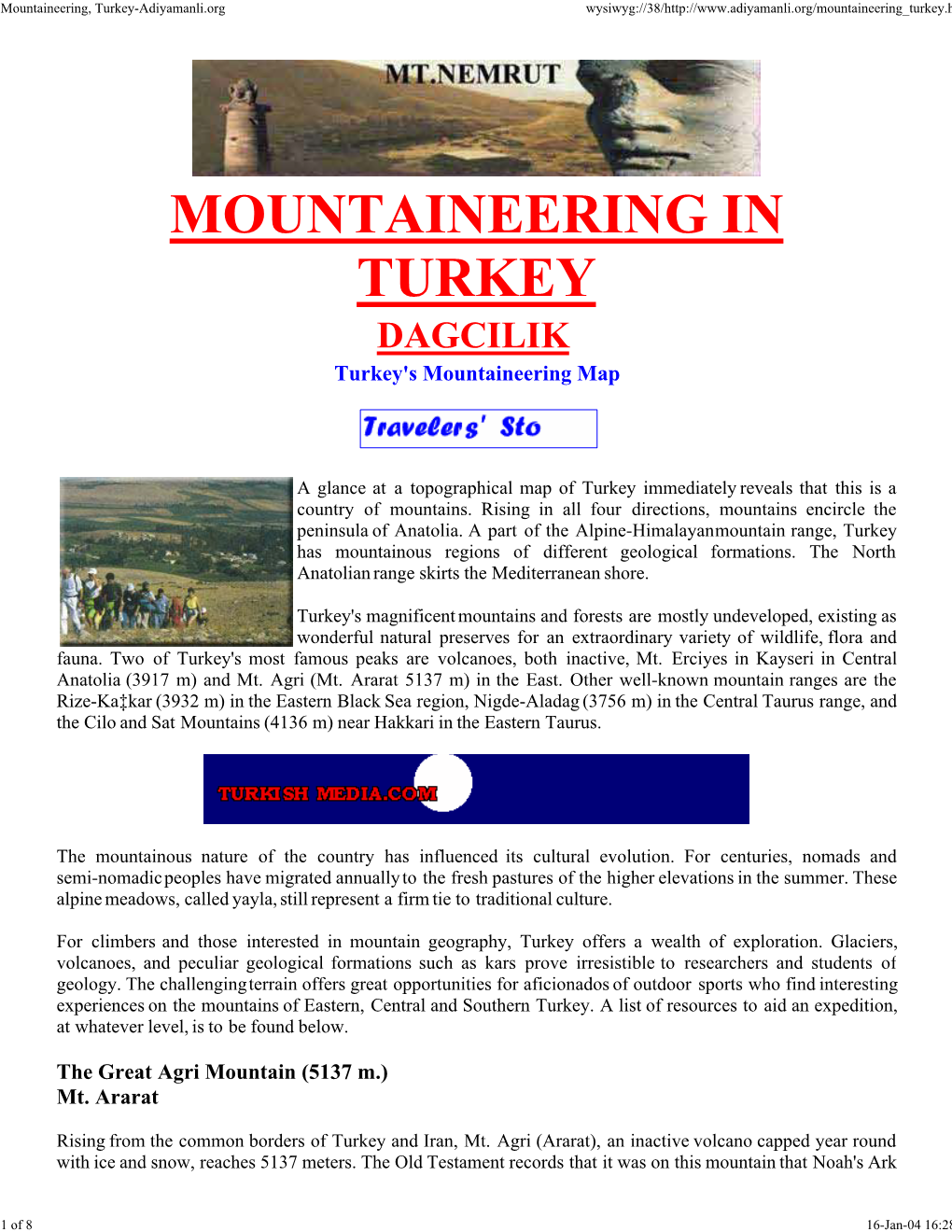MOUNTAINEERING in TURKEY DAGCILIK Turkey's Mountaineering Map