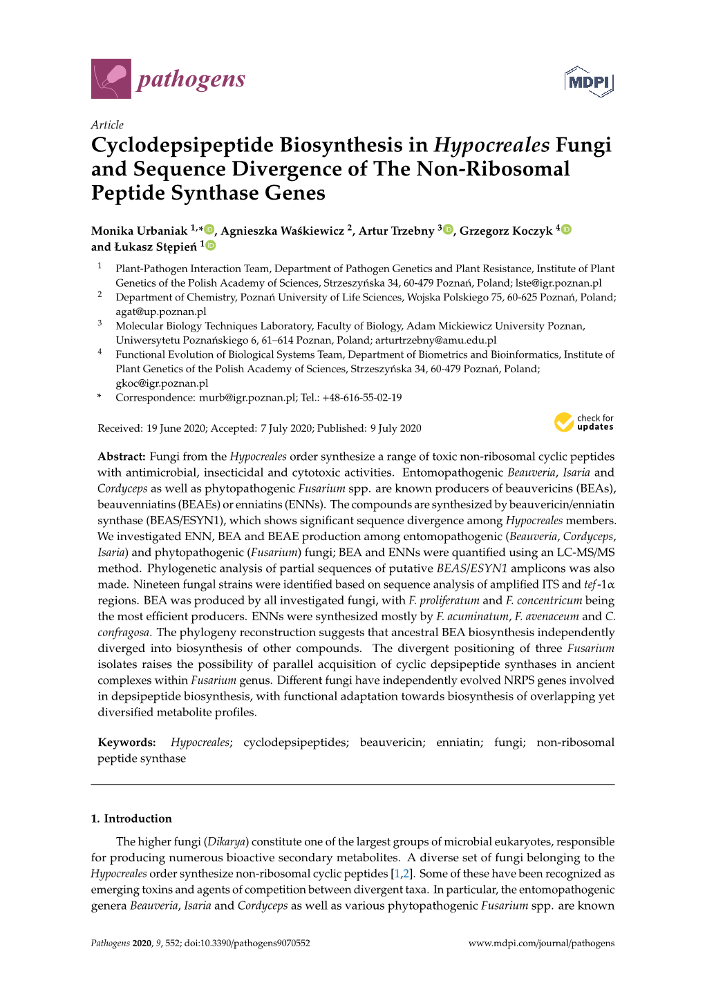 Cyclodepsipeptide Biosynthesis in Hypocreales Fungi and Sequence Divergence of the Non-Ribosomal Peptide Synthase Genes