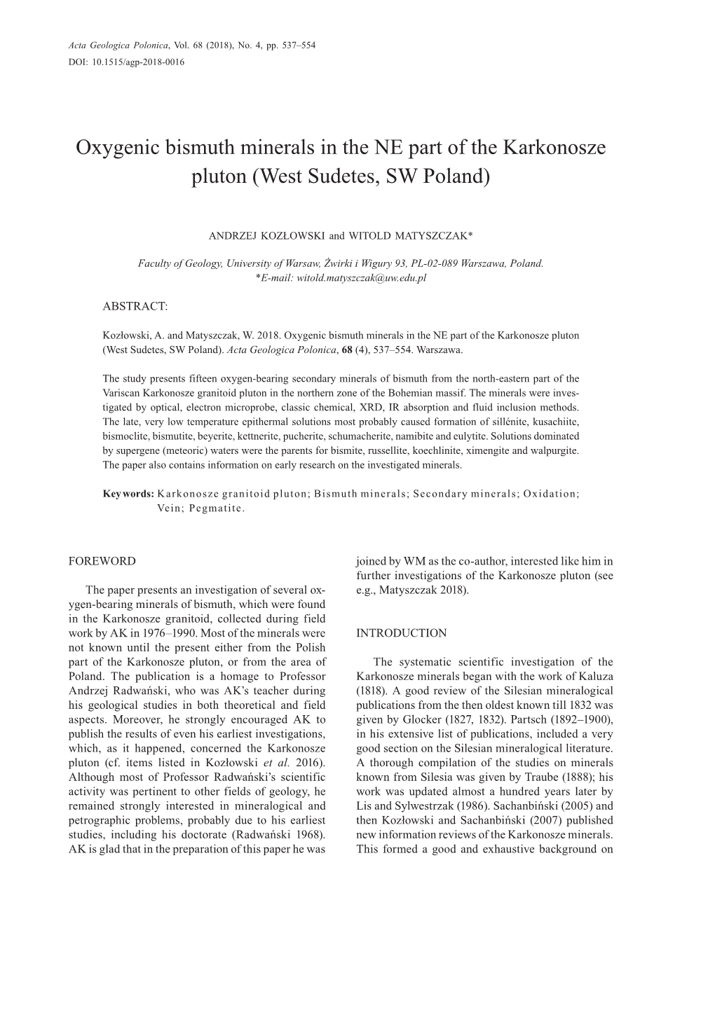 Oxygenic Bismuth Minerals in the NE Part of the Karkonosze Pluton (West Sudetes, SW Poland)