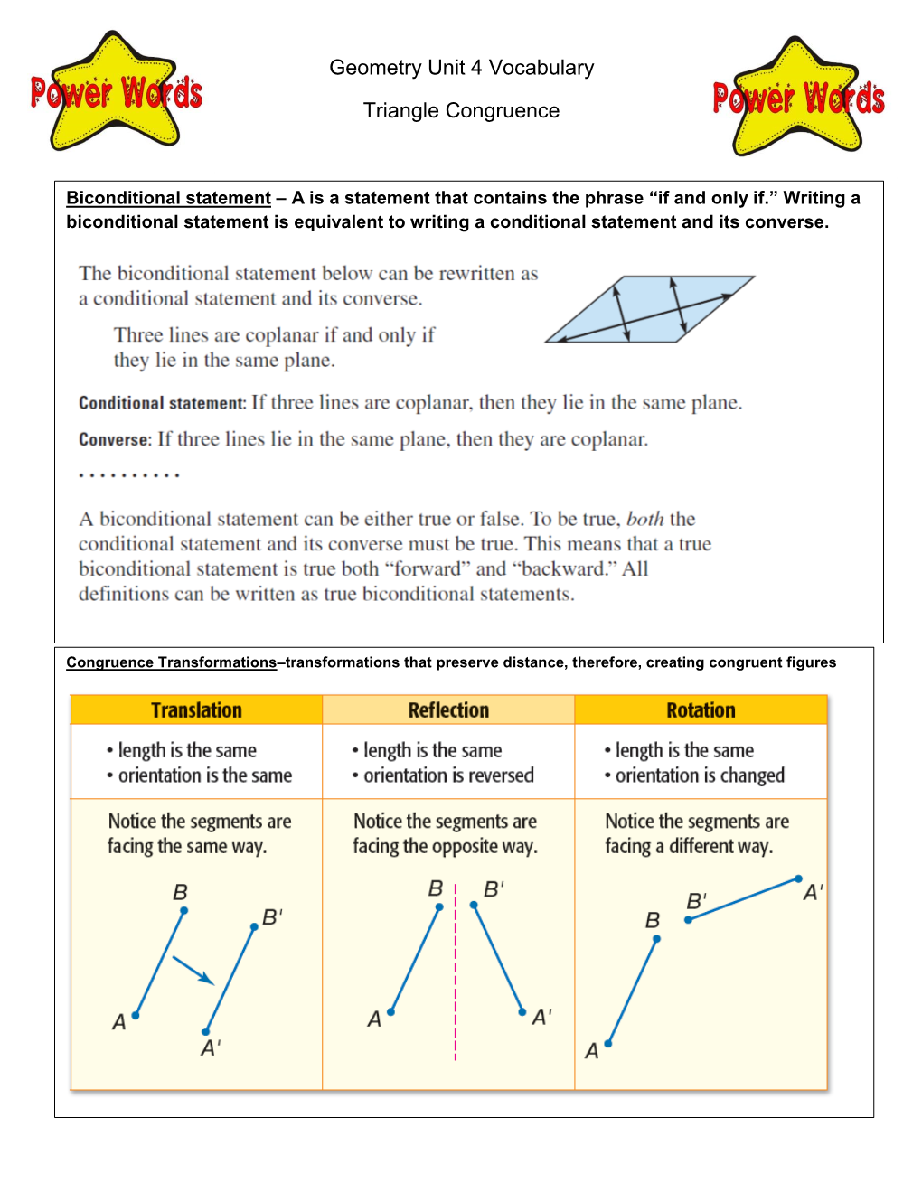 Geometry Unit 4 Vocabulary Triangle Congruence