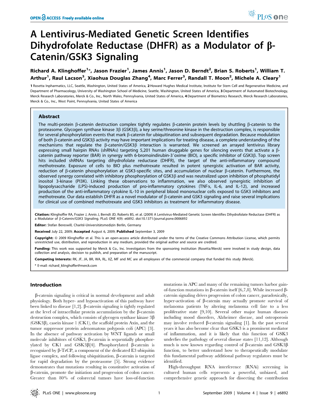 (DHFR) As a Modulator of B- Catenin/GSK3 Signaling