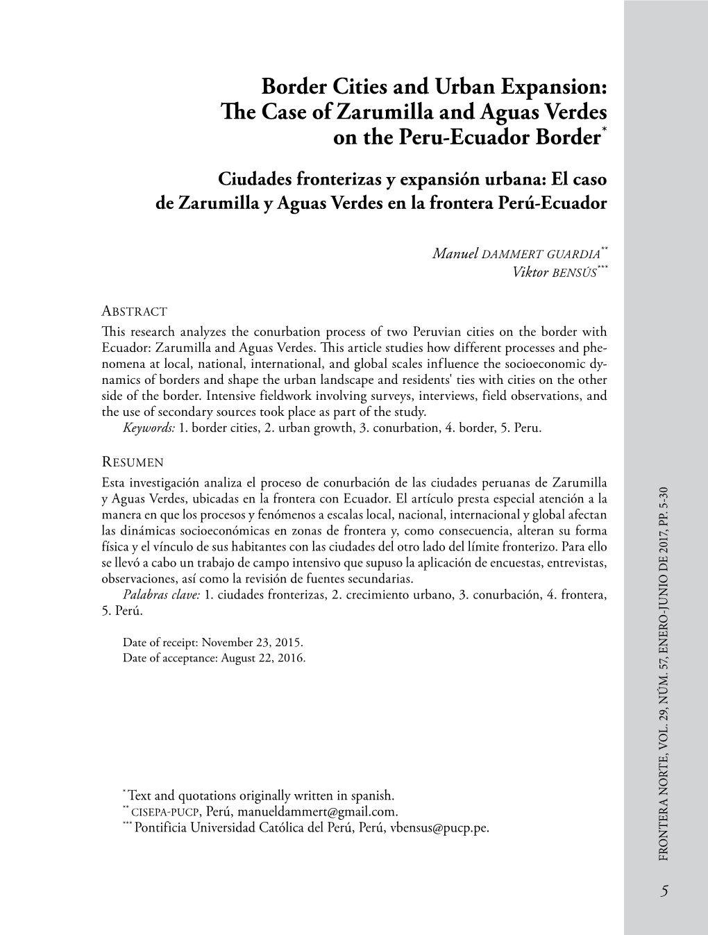 Border Cities and Urban Expansion: the Case of Zarumilla and Aguas Verdes on the Peru‐Ecuador Border*