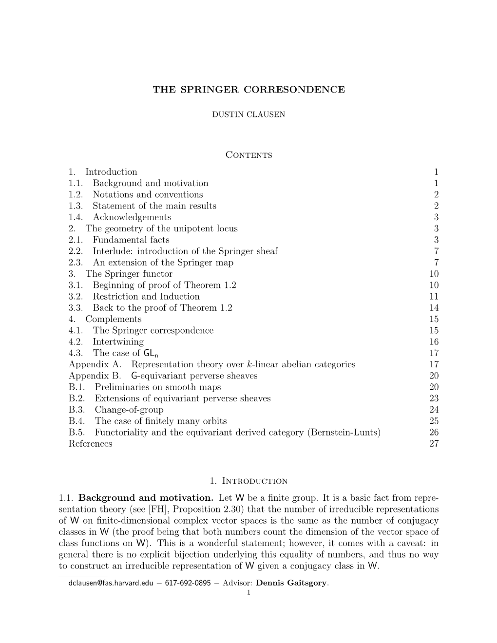 THE SPRINGER CORRESONDENCE Contents 1. Introduction 1 1.1