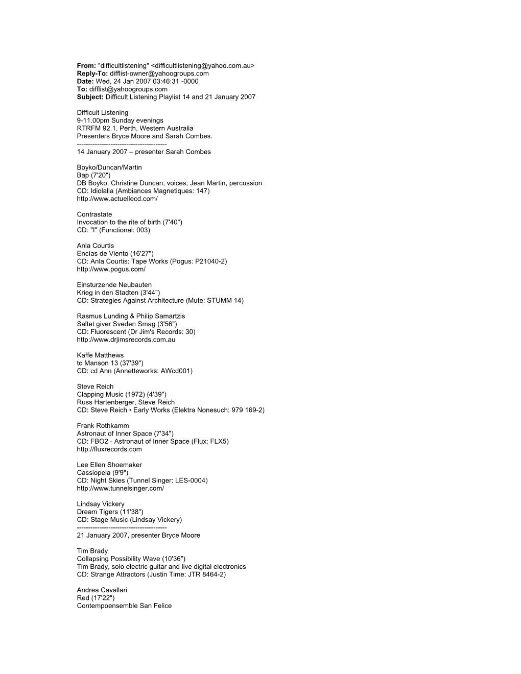 Playlist 14 and 21 January 2007