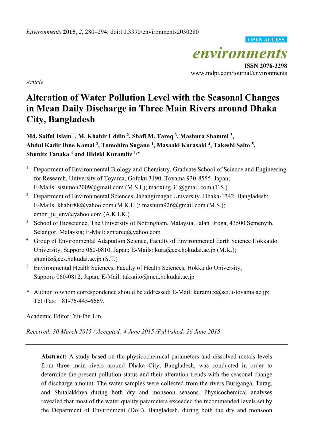 Alteration of Water Pollution Level with the Seasonal Changes in Mean Daily Discharge in Three Main Rivers Around Dhaka City, Bangladesh