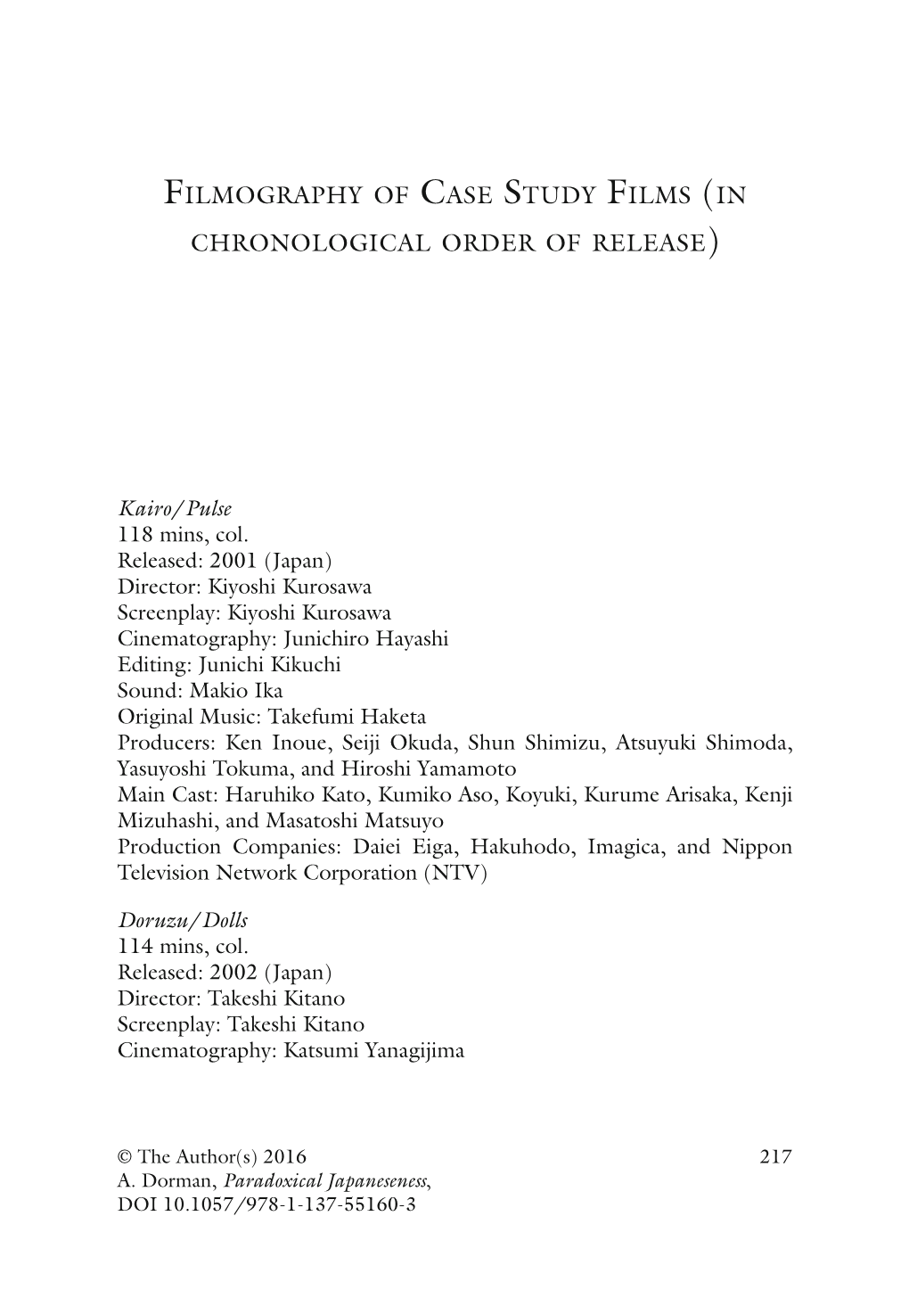 Filmography of Case Study Films (In Chronological Order of Release)