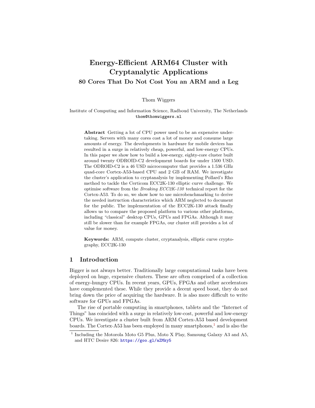 Energy-Efficient ARM64 Cluster with Cryptanalytic Applications